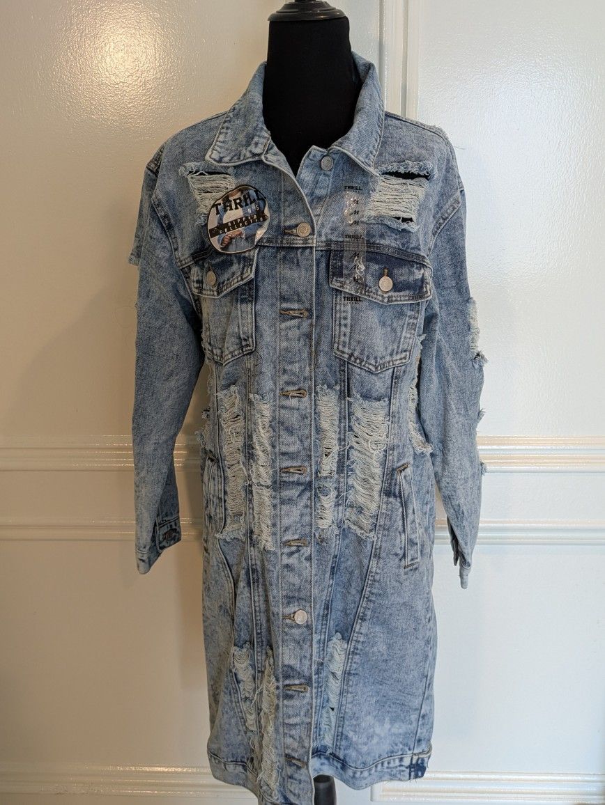 Thrill Jeans Distressed Denim Shirt Coat Womens M Destroyed Shredded Button Up