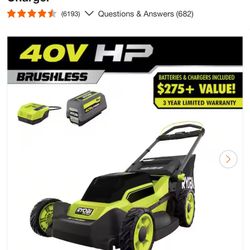 RYOBI 40V HP Brushless 20 in. Cordless Battery Walk Behind Push Lawn Mower with 6.0 Ah Battery and Charger