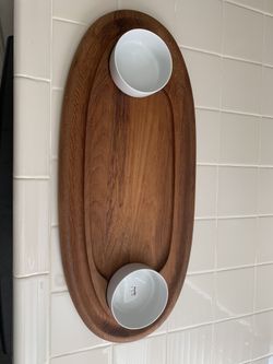 Wood Oval Serving Platter w/ Dual Dipping Bowl (Dansk)