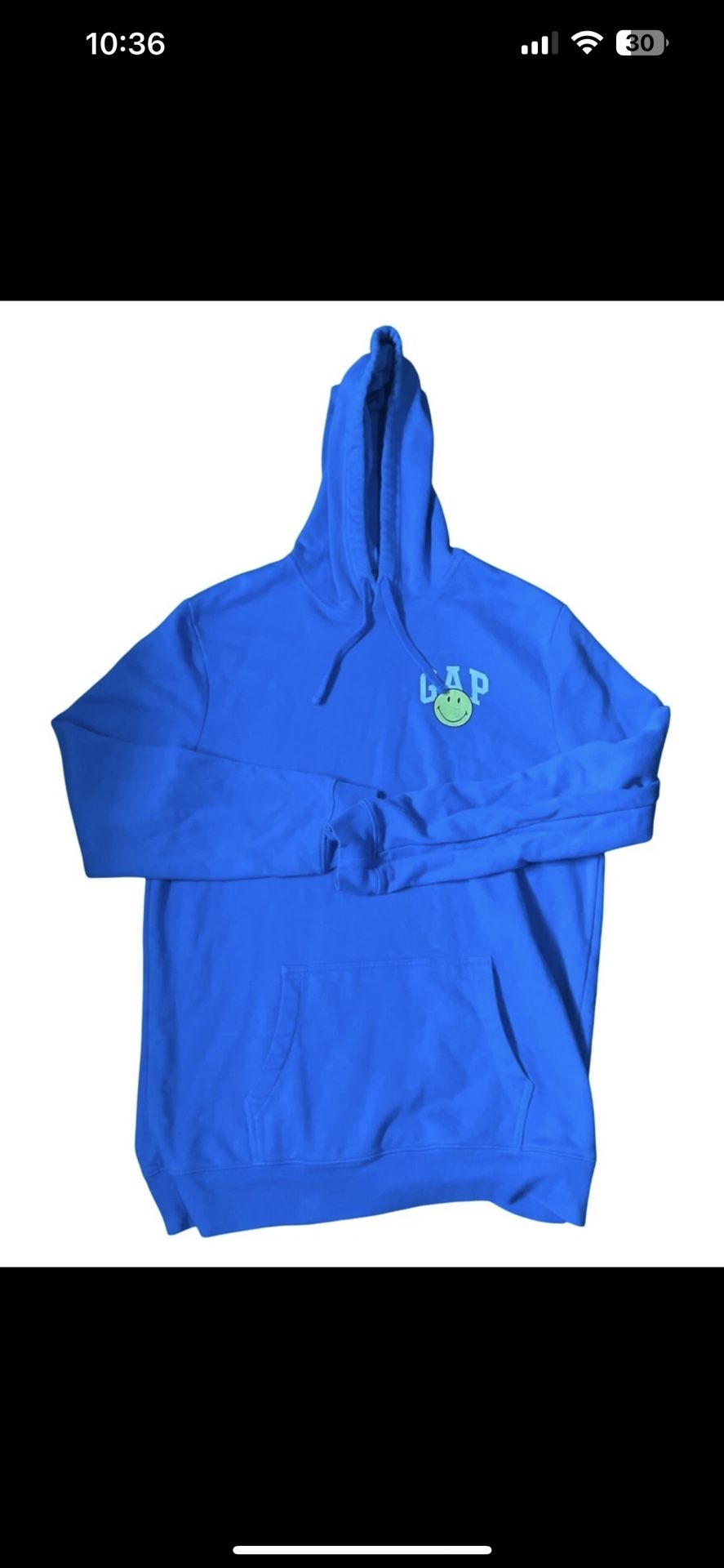 Gap Smiley Collaboration Rare SIZE L Blue Hoodie With Front Pouch Pocket & Yel