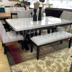 6-Piece Dining Table Set – Faux Marble Top – Bench & Chairs – $1,099