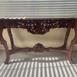 Vintage Hand Carved Wooden Table With Marble Top