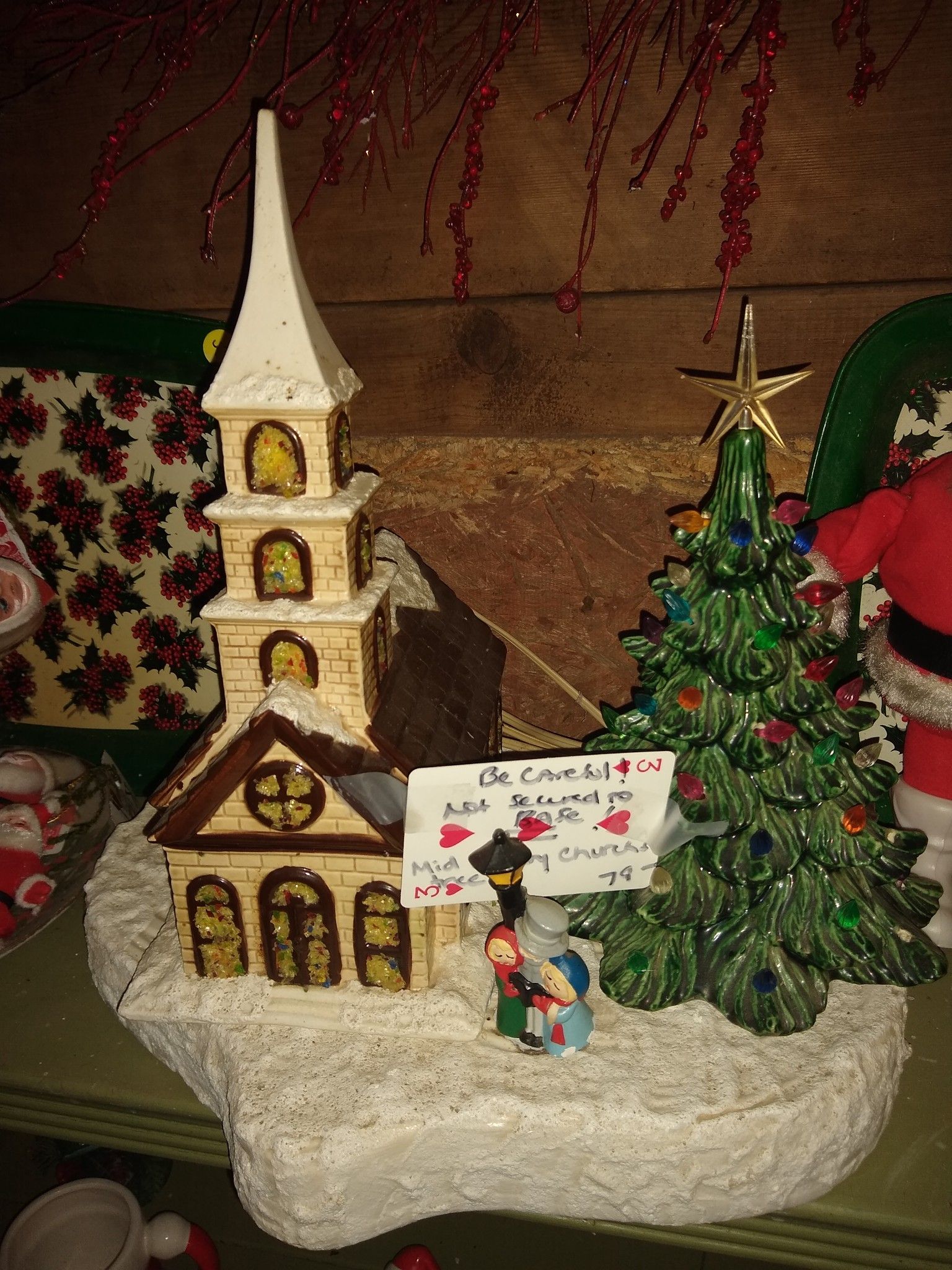 1950s light up church and ceramic Christmas tree on base