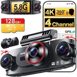 4K 4 Channel 360° Dash Cam Front Rear, Car Camera, G-Sensor Loop Recording, WiFi, Night Vision, Truck Van SUV, 64GB SD Card