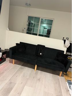 Black suede velvet futon sofa bed couch (with FREE pillows)