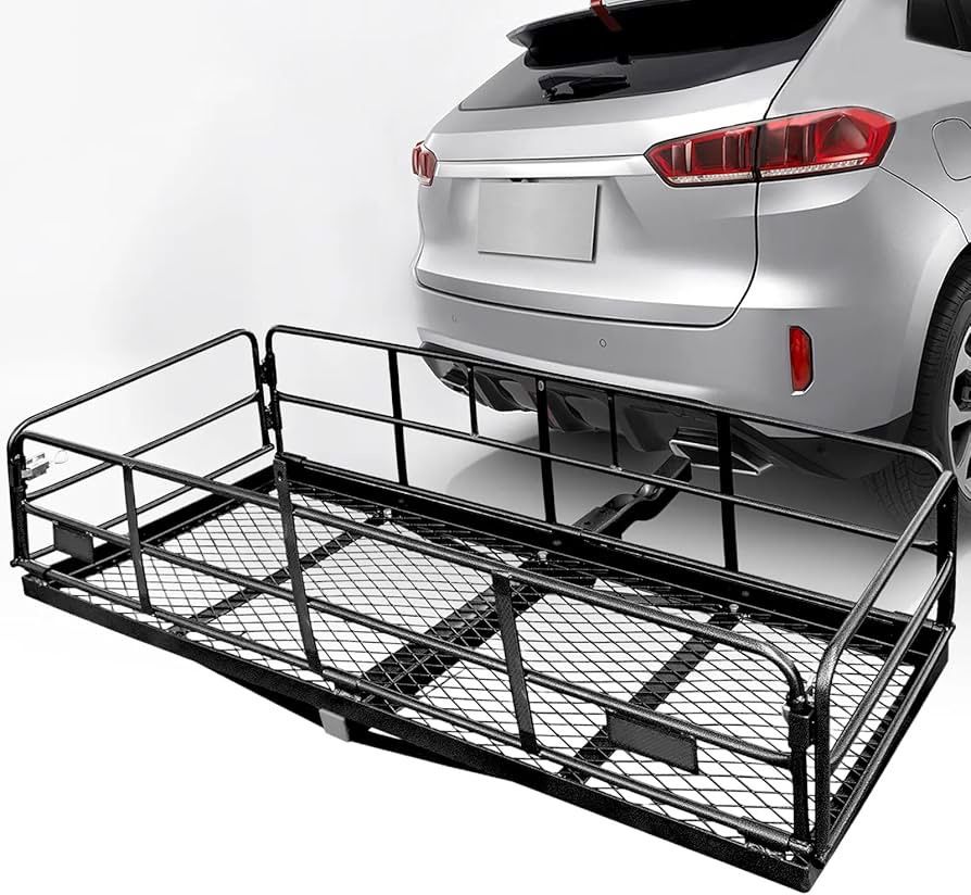 Folding Hitch Mount Cargo Carrier Rack Basket – Heavy‑Duty Steel Luggage Carrier Fit for SUV & Car with 14” Side Rails, Foldable Design, 2” Receiver &