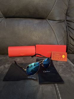 Cartier Blue Lens Gold-Frame Sunglasses Full Set