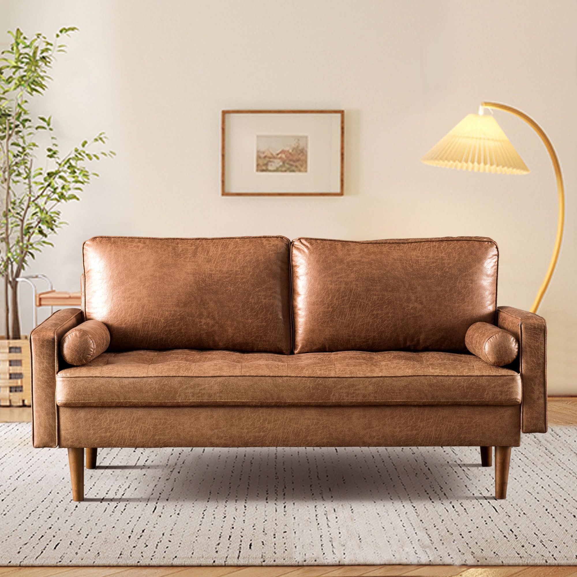 Mid Century Modern 70" Small Loveseat couches for Living Room,Compy Couch with Armrest,Faux Leather Sofa with Deep Seat,Love seat for Small Space Bedr