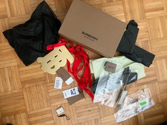 Burberry box 13.5"x9"x5", tissue, cards, ribbons, plastics, black generic dust bags for shoes all conditions as pictured