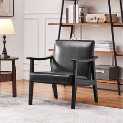 PU Leather Accent Chair, Mid-Century Modern Armchair with Solid Wood Legs, Reading Leisure Chair with High Back for Living Room Bedroom Waiting Room, 