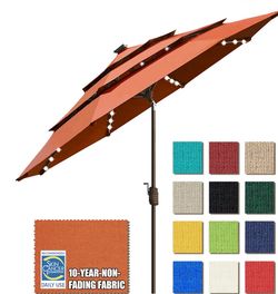 EliteShade USA 10-Year-Non-Fading 9ft 3-Tier Market Patio Umbrella, Commercial Table Umbrella with 80 Solar LED Lights, Crank Open, Windproof & UPF 50