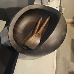 Nambe wood bowl with copper handle utensils