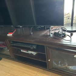 Dark Brown Wood TV Stand / – Glass Doors + Open Shelves.