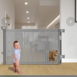 Retractable Baby Gates, Pet Gate With Cat Door - 41" Tall, Extends To 55" Wide Dog Gate For Stairs, Mesh Baby Gate With Door For Cats/Small Dogs, Easy