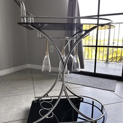 2-Tier Glass Shelf Metal Bar Cart Black and Chrome 