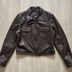 Vintage GAP Brown Cropped Genuine Leather Cafe Racer Biker Moto Jacket  Sz Medium 