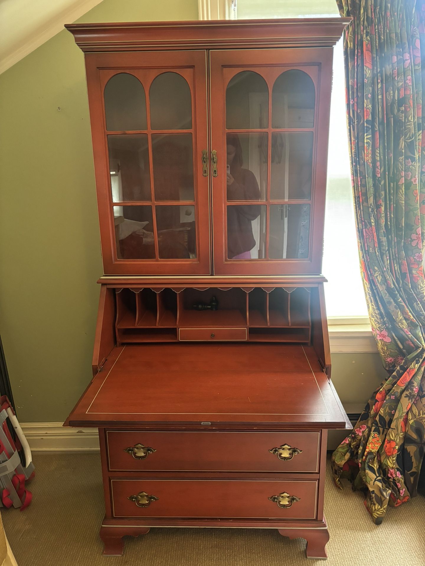 Cute vintage reddish orange secretary desk with drawers and bookshelf