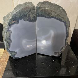 Antique Gilded Grey Agate Gemstone Geode Bookends 7”T& 7.5”W