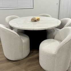 54” Round Dining Table W/ Genuine Marble Top & Dark Wooden Reeded Pedestal Base