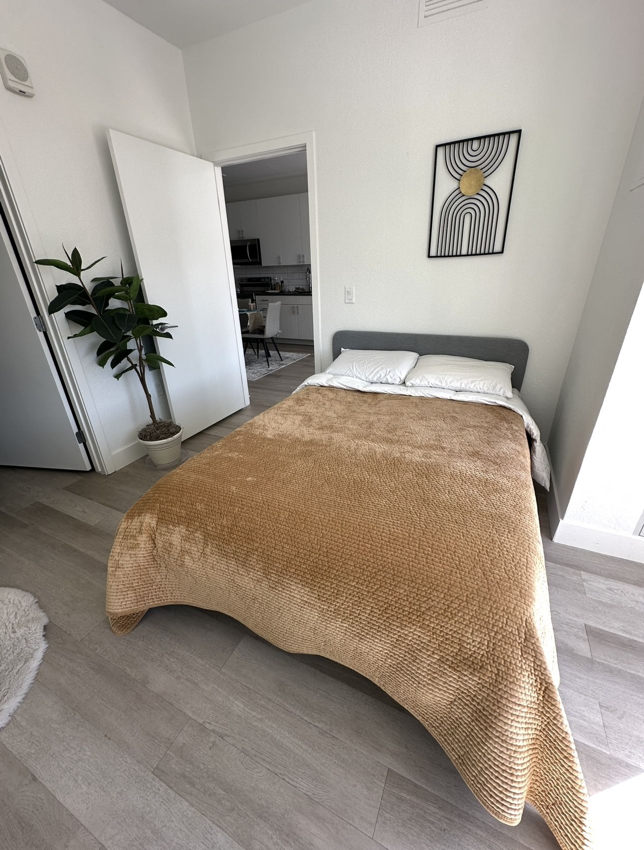 Full Size Upholstered Bed with Mattress + Foam Topper