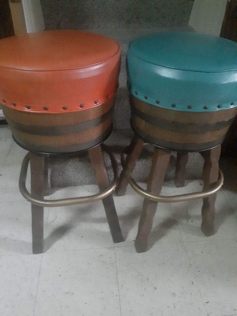 Here We Have 2 Vintage Whiskey Barrel Bar Stools They Also Swivel Made In 1960s
