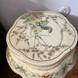 Vintage Chinese White/Ivory Lacquered Wood Side Table/ Stand Flower & Birds