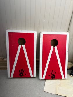 Red and White Wooden Cornhole Boards Set