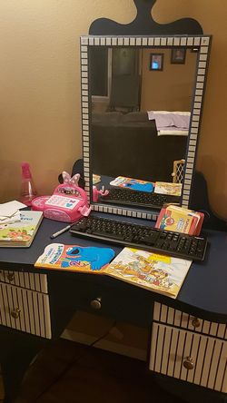 Blue farmhouse like vanity and matching stool