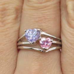 925 Sterling Silver Purple & Pink C Z Heart Ring Size 7