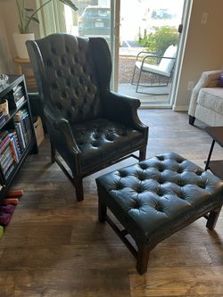 Leather Wingback Chair With Foot Rest - Green