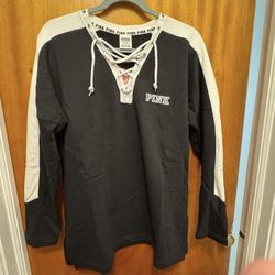 PINK Black and Gray Lace-Up Sweatshirt - M