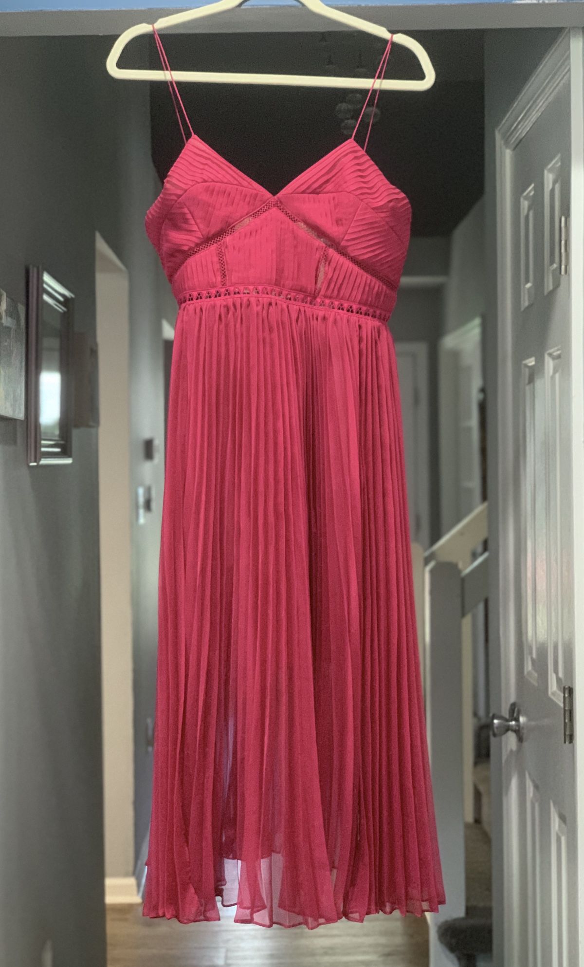 Self-Portrait Chiffon Pleated Midi Dress, Fuchsia, Size 10