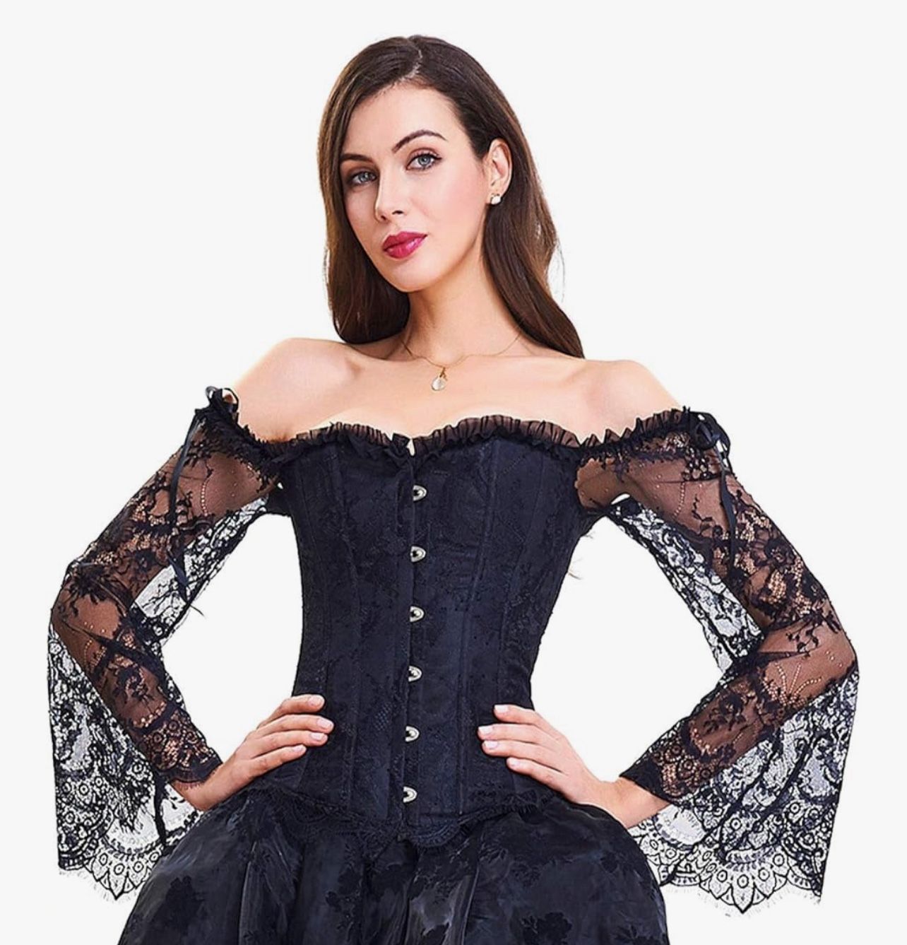 Small Womens Steampunk Lace Sleeve Corset Tops Off Shoulder Corsets Bustiers Lace-up Back