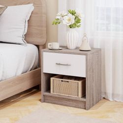 New Costway Modern Gray Nightstand Bedside Table with White Drawer & Open Storage Shelf
