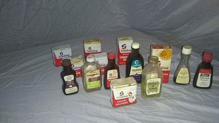 Vintage spice and extract bottle/ tins