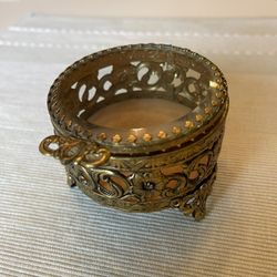 Brass Vintage jewelry box or Trinket box w beveled glass hinged lid