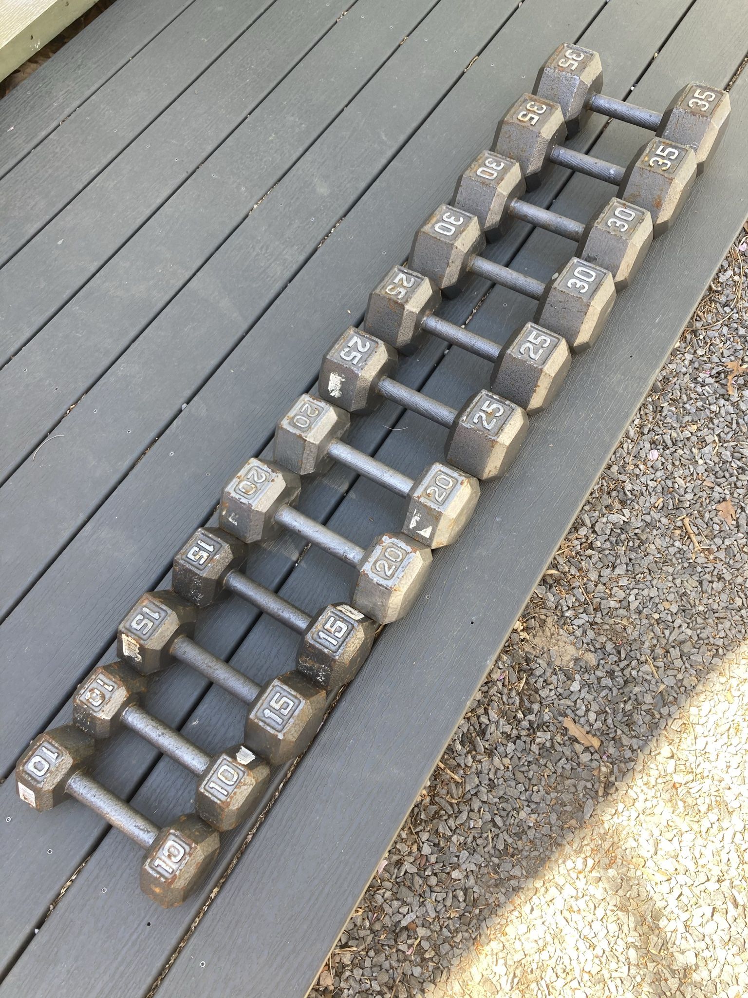 6 Pairs Of Steel Cast Iron Hex Dumbbells With Rack - 10’s, 15’s, 20’s, 25’s, 30’s And 35’s