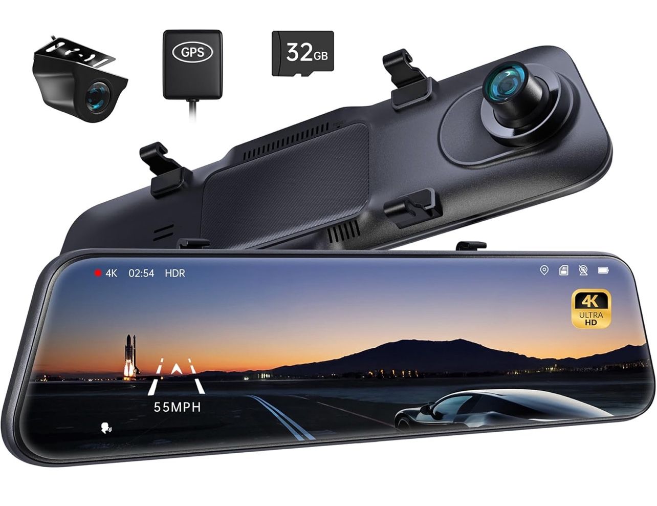 4K Mirror Dash Cam, 12'' Rear View Mirror Camera Smart Driving Assistant w/ADAS and BSD,2160P Front and Rear Camera,Voice Control,Night Vision,Parking