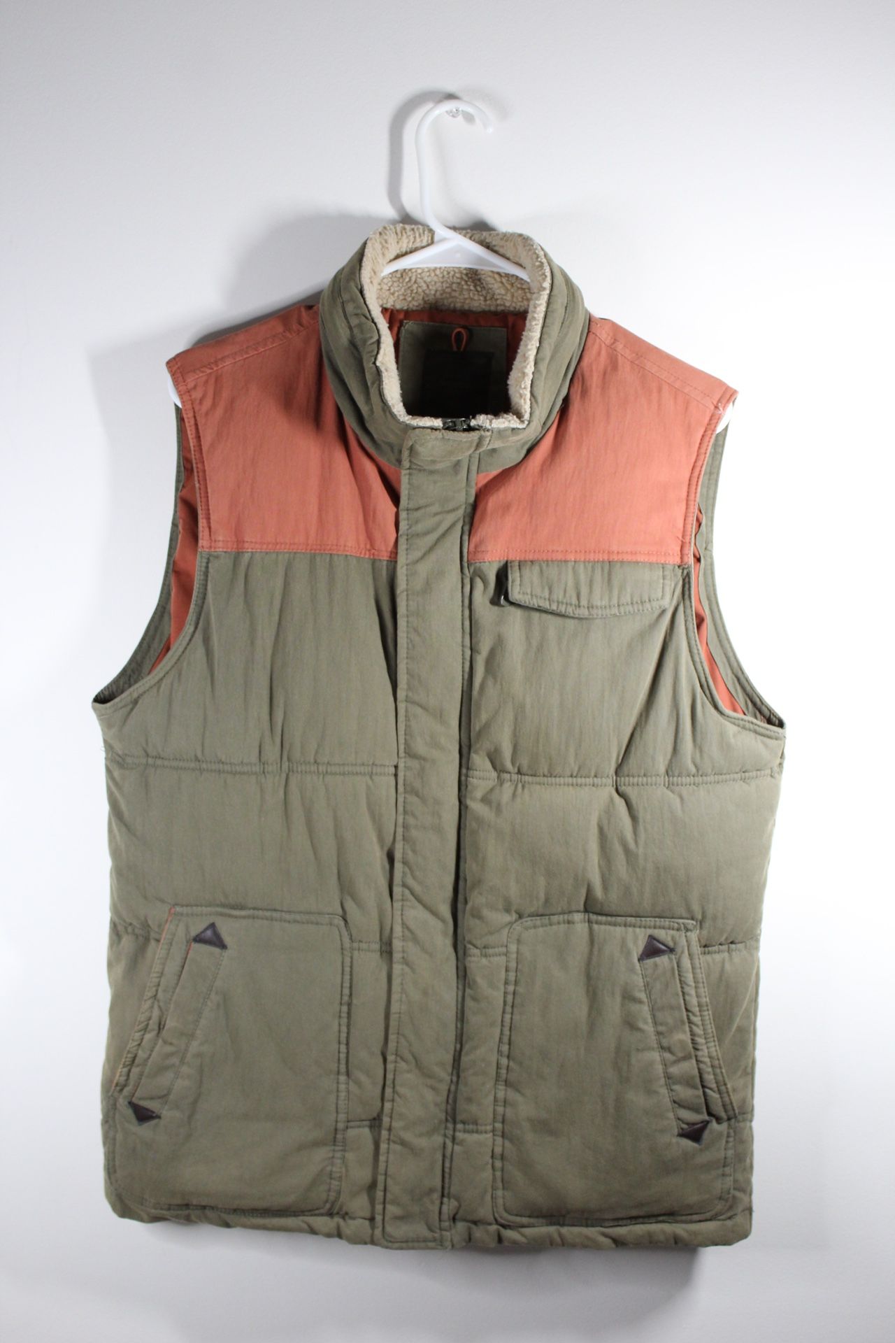 Bershka Men's Forest Green & Orange Puffer Vest With Fleece Collar