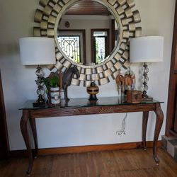 Beautiful Entry Table, Wood And Glass 