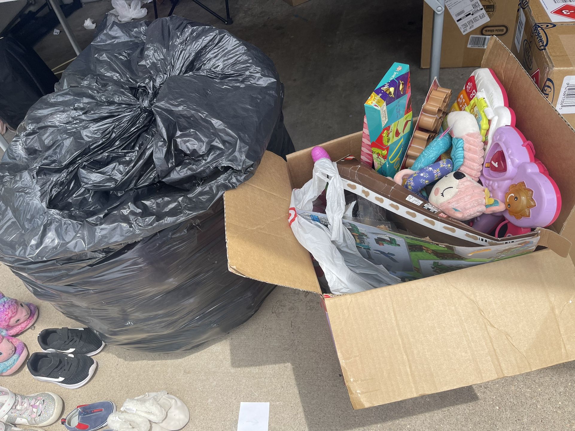 Bag And Box Of Plushies And Toys