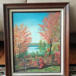 CT Warner Painting of Fall Trees Lake Yard 13.75" x 17"