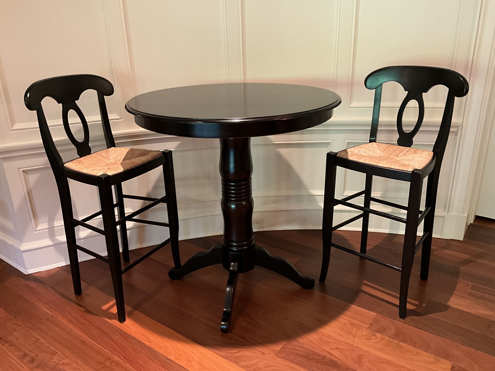 Pub Style Bistro Table With Pair Of Italian Rush Barstools