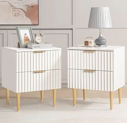 Set of 2 White Night Stands, Fluted Glossy White  Night Stamd