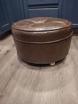 Antique Brown Leather Foot-Rest/ Seat With Wheels