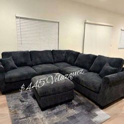 ✅️✅️4 pc  Black  cordury fabric upholstered sectional sofa with ottoman✅️✅️
