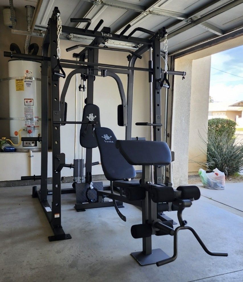 Vesta Smith Machine 1001 | Adj Bench W/ Leg Developer And Preacher Station |Gym Equipment | Fitness | Pulleys|🔴WEIGHTS AND BARBELL SOLD SEPARATELY 🔴