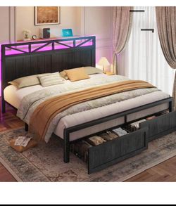 King Size Bed Frame with 2 Storage and LED Lights