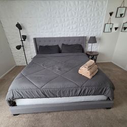 King Size Bed — Mattress, Box Spring, Frame & Tufted Headboard