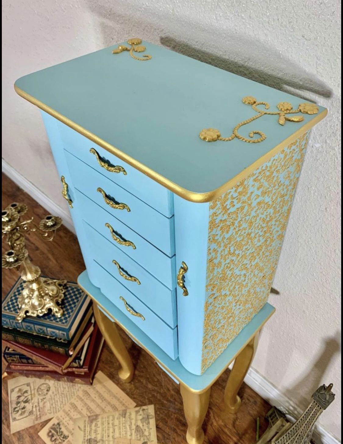Blue/teal And Gold French Provincial Jewelry Armoire
